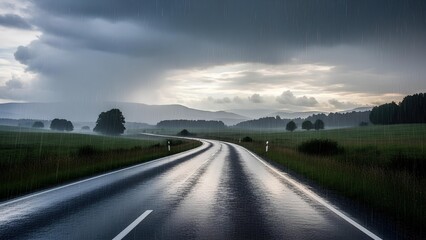 A wet, winding road reflecting the cloudy sky, surrounded by green fields and distant hills under a rainy atmosphere.