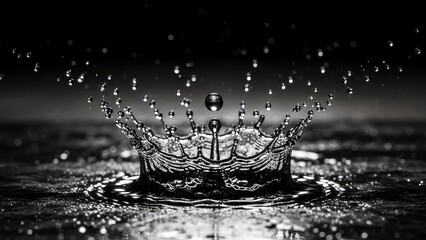 A detailed black and white close-up of a water drop creating a perfect crown splash with numerous droplets suspended in motion.