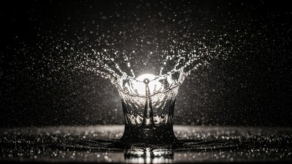 High-speed monochrome photograph capturing a water drop impact creating a beautiful crown splash with numerous tiny droplets.