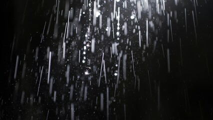 Close-up view of numerous water droplets falling against a dark, black background, creating a dynamic and abstract pattern.