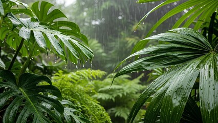 Lush green tropical rainforest foliage with large wet leaves during a gentle rain shower, showcasing vibrant jungle vegetation.