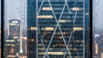 Modern skyscraper seen through a rain-covered window, showcasing urban architecture at dusk.