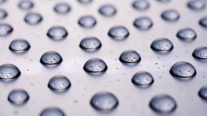 Close-up view of numerous perfectly spherical water droplets resting on a smooth, reflective surface.