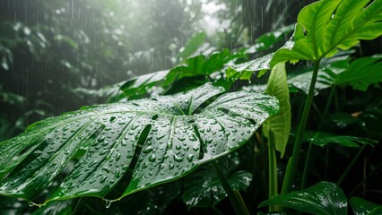 Close-up of large green tropical leaves covered in glistening raindrops during a gentle rain shower in a lush forest.