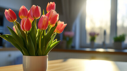 Fresh Pink Tulips in Vase with Nature Lights. A vibrant bouquet of pink tulips in a ceramic vase, ideal for spring decor and floral promotions.