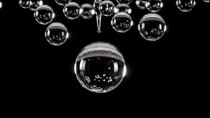 Close-up of numerous clear, reflective bubbles suspended against a dark background, with a large central bubble containing smaller ones.