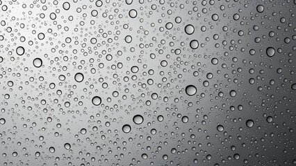 Close-up view of clear water droplets on a reflective grey surface, creating a textured pattern.