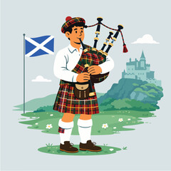 Colorful illustration of Scottish traditional bagpipe musician suitable for cultural festival and travel vector design