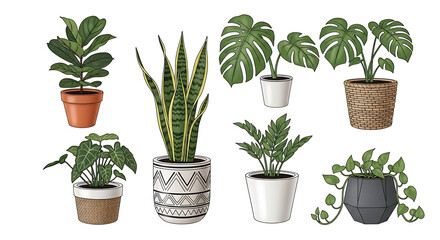 Fototapeta premium Collection of Popular Indoor Houseplants in Decorative Pots Vector Illustration Set 