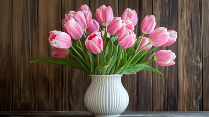 A bouquet of pink tulips in a white ceramic vase, ideal for spring-themed web and promotional designs.