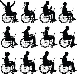 Silhouettes of people in wheelchairs using laptops and raising arms on white background