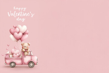 Fond rose pastel avec camionnette vintage, ourson et ballons c&oelig;ur, texte en anglais &laquo; Happy Valentine&rsquo;s Day &raquo;, espace n&eacute;gatif copyspace pour banni&egrave;re, carte de v&oelig;ux et publicit&eacute; Saint-Valentin