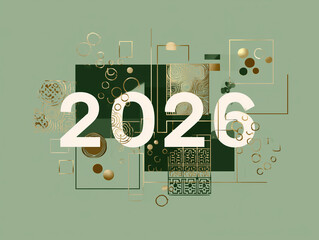 Nombre 2026 en blanc avec ombre sur fond vert sauge, collage g&eacute;om&eacute;trique de formes dor&eacute;es, motifs abstraits style art d&eacute;co et asiatique pour nouvel an, Saint Sylvestre et toute autre f&ecirc;te de l&rsquo;ann&eacute;e