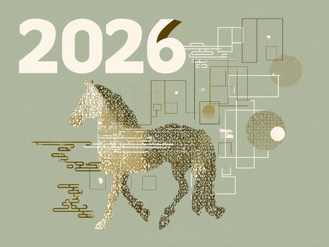 Nombre 2026 et silhouette de cheval dor&eacute; texture paillet&eacute;e en points sur fond vert sauge uni, motifs g&eacute;om&eacute;triques et lignes style art d&eacute;co, zodiaque chinois ann&eacute;e du cheval, c&eacute;l&eacute;bration nouvel an t&ecirc;t 
