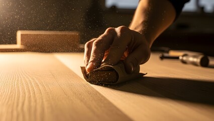 Carpenter Hand Sanding Wooden Surface.