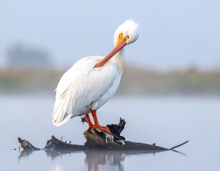 Large white bird preens its feathers while perched on a submerged log