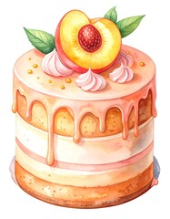 Watercolor cake with peach slices and pink meringue