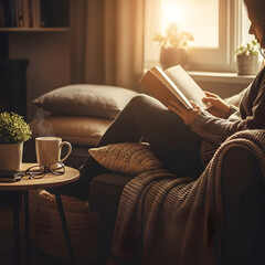 Cozy reading corner moment expressing comfort relaxation and peaceful lifestyle