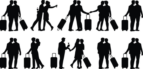 Silhouettes of people with luggage and drinks in formal attire handshake
