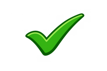 Green check mark icon representing approval, correct answers, success, completion, and validation, isolated on a transparent background