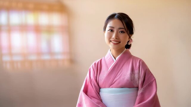 woman in kimono, Portrait of a young Japanese woman dressed in a traditional kimono, standing against a softly blurred background, The kimono features intricate patterns and vibrant colors