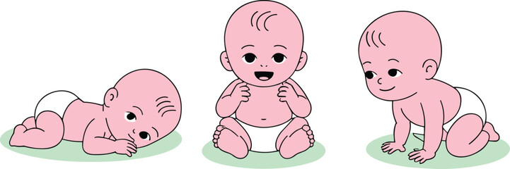 Three cartoon babies in different crawling positions on a green surface infant smiling