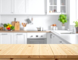 Wooden table foreground, with a blurred white kitchen background