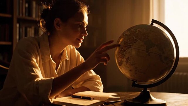 Woman studying world map on globe in warm light, planning travel