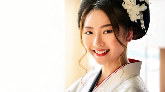 woman in kimono, Portrait of a young Japanese woman dressed in a traditional kimono, standing against a softly blurred background, The kimono features intricate patterns and vibrant colors