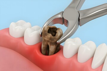 Medical Illustration of Tooth Extraction Using Forceps on Severely Decayed Molar