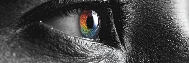 Close-up of an eye with a rainbow-colored iris against a grayscale background
