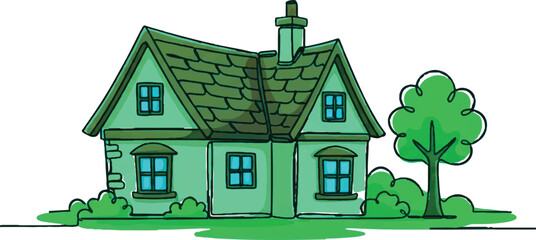 Small house with green grass and trees around it in a simple 3D illustration style