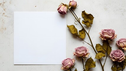 A bouquet of pink roses and a blank white card on a textured surface for wedding or romantic occasion stationery and invitations