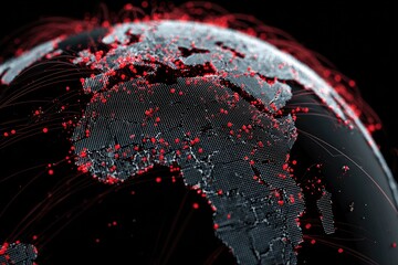 Digitally rendered globe with red dots and lines illustrating a complex network