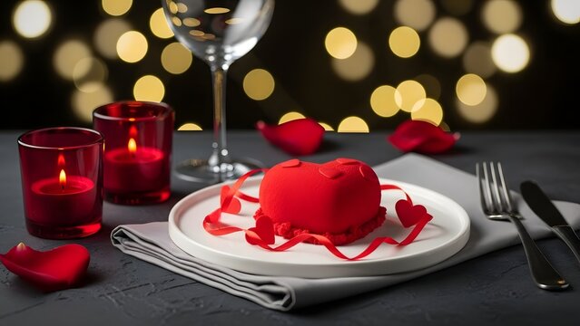 A romantic table setting with a red dessert on a white plate and candles - Powered by Adobe