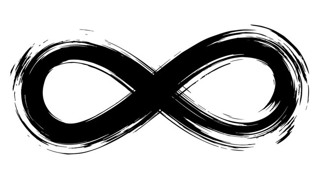 Black grunge infinity symbol painted with textured ink brush strokes on a white background, representing the concept of eternal continuity