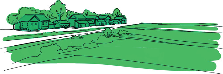 Vector illustration of a green grass meadow under a blue summer sky with white clouds, sun, and rolling hills forming a peaceful spring nature landscape