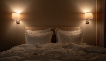 Dimly lit bedroom with unmade bed, two lamps, and textured wall paneling