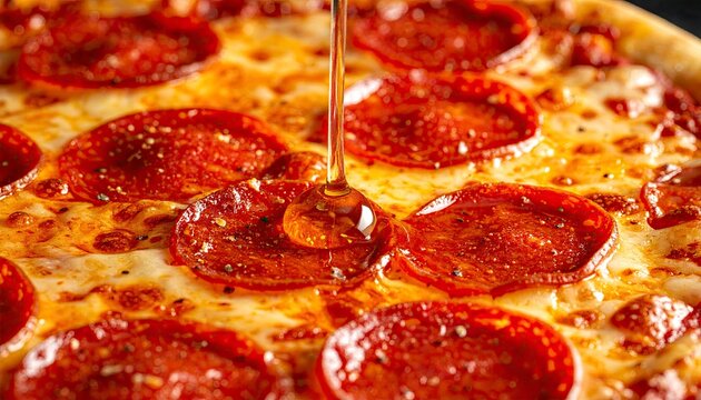Close up of delicious pepperoni pizza with honey drizzle.