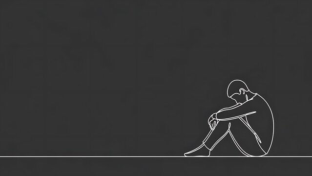 A person sits alone, lost in thought, in a minimalist illustration against a dark background