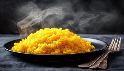 A steaming plate of yellow rice, side-lit with a dark background and a fork