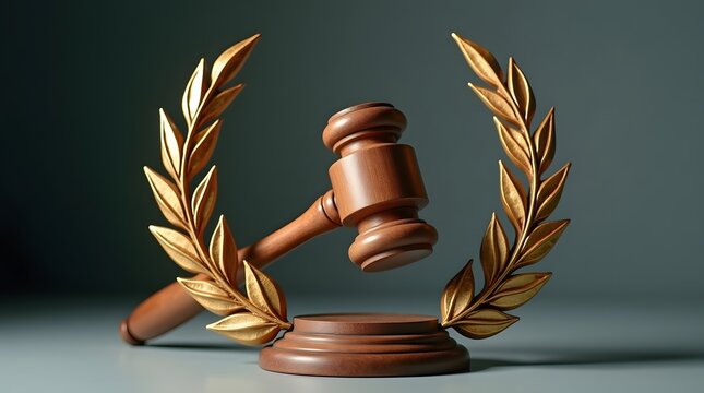 Elegant gavel with golden laurel wreath symbolizes justice, law, and legal representation