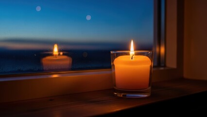 Burning Candle In Glass By Blue Window