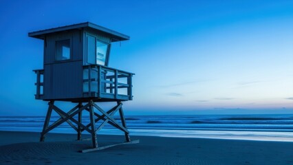Lifeguard Tower Silhouette On Beach At Twilight