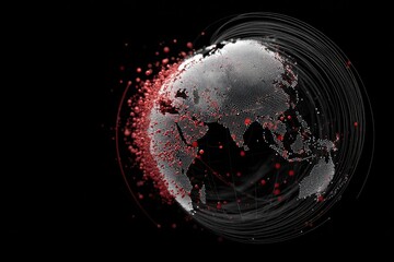 A globe rendered in dots, encircled by gray lines, with red spheres around