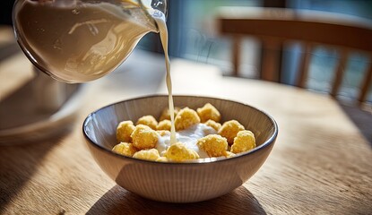 Creamy liquid pours from a jar onto cereal in a bowl on a wooden table