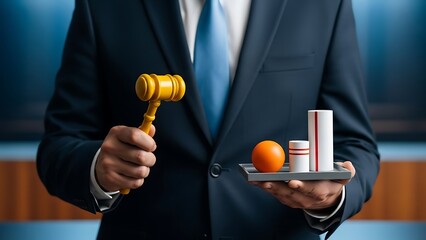 A judge holds a gavel and a tray with medicine and an orange on it in a courtroom setting