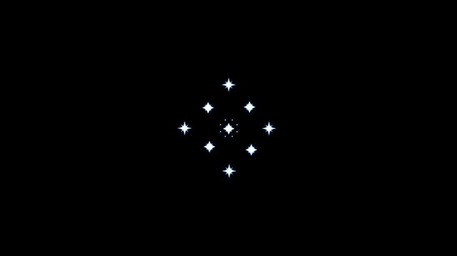 Sparkling twinkling stars animation with white cartoon doodle flat vector style, blinking glowing light effects for festive backgrounds and motion graphics on black screen, smooth 4K