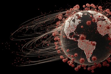3D render of a globe infected by viral particles, with flowing lines on black