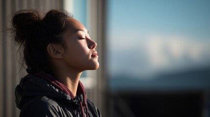 Woman feeling calm and peaceful outdoors, meditating in warm golden light with copy space
